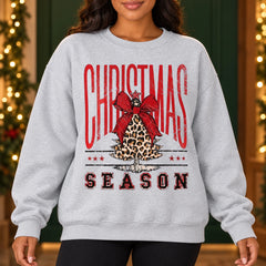 Leopard Christmas Tree Sweatshirt for Women, Red Coquette Bow, Vintage Western Christmas Season Graphic, Festive Holiday Style
