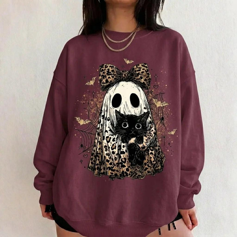 Leopard Ghost Cat Sweatshirt Spooky Bow Kitten Halloween Fall Women Retro Vintage Graphic