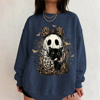 Leopard Ghost Cat Sweatshirt Spooky Bow Kitten Halloween Fall Women Retro Vintage Graphic