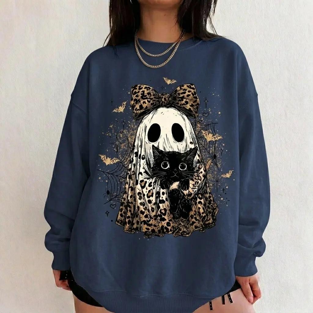 Leopard Ghost Cat Sweatshirt Spooky Bow Kitten Halloween Fall Women Retro Vintage Graphic