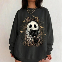 Leopard Ghost Cat Sweatshirt Spooky Bow Kitten Halloween Fall Women Retro Vintage Graphic