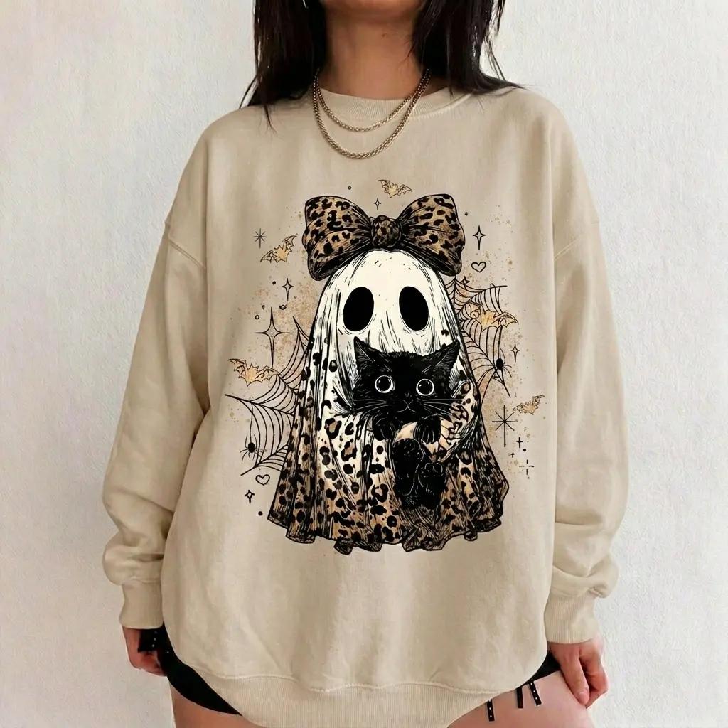 Leopard Ghost Cat Sweatshirt Spooky Bow Kitten Halloween Fall Women Retro Vintage Graphic