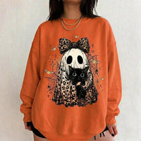 Leopard Ghost Cat Sweatshirt Spooky Bow Kitten Halloween Fall Women Retro Vintage Graphic