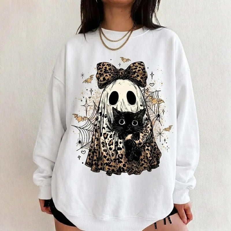 Leopard Ghost Cat Sweatshirt Spooky Bow Kitten Halloween Fall Women Retro Vintage Graphic