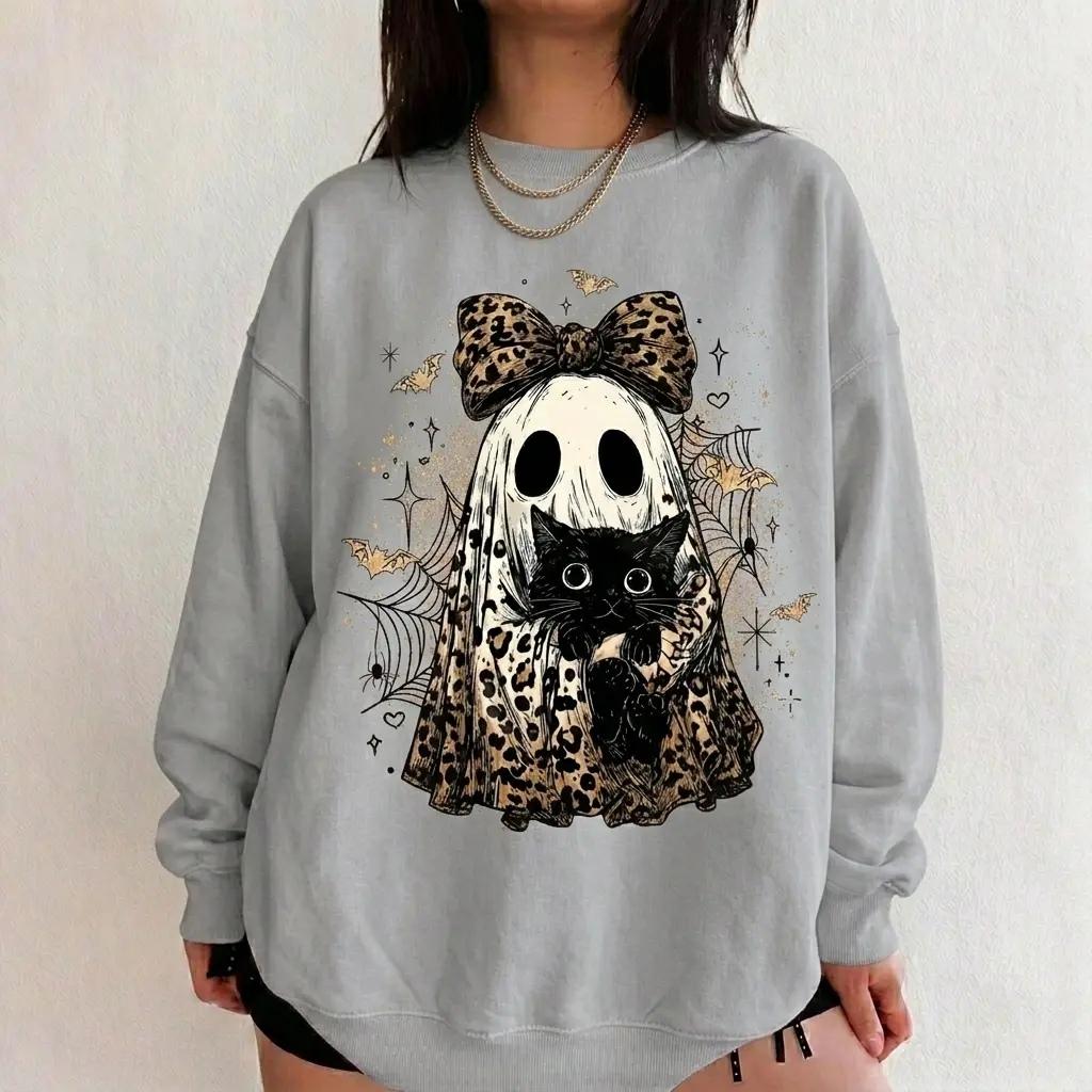 Leopard Ghost Cat Sweatshirt Spooky Bow Kitten Halloween Fall Women Retro Vintage Graphic