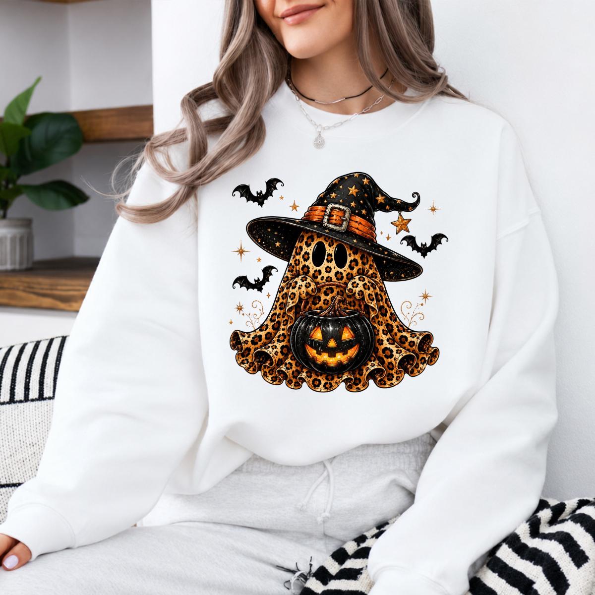Leopard Ghost Witch Hat Sweatshirt and T-Shirt Halloween Spooky Season Women Cute Retro