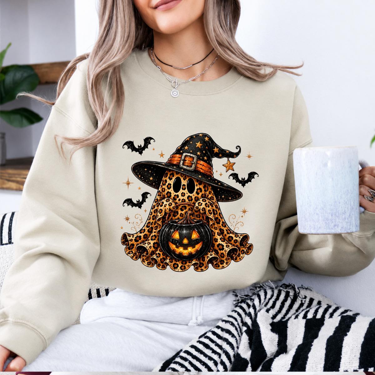 Leopard Ghost Witch Hat Sweatshirt and T-Shirt Halloween Spooky Season Women Cute Retro