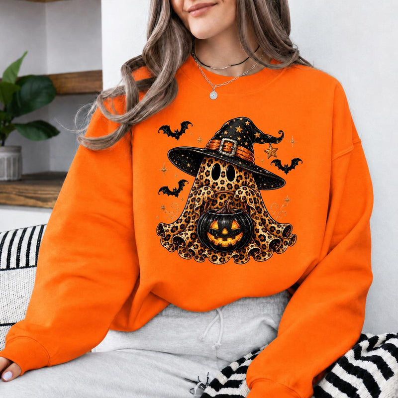 Leopard Ghost Witch Hat Sweatshirt and T-Shirt Halloween Spooky Season Women Cute Retro