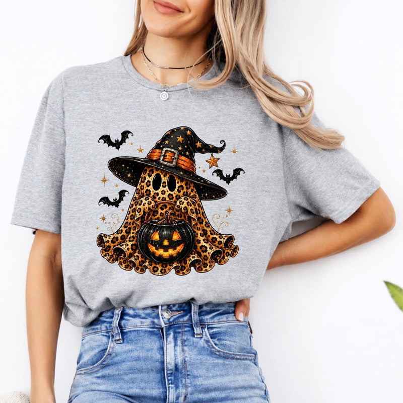 Leopard Ghost Witch Hat Sweatshirt and T-Shirt Halloween Spooky Season Women Cute Retro