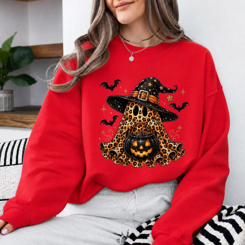 Leopard Ghost Witch Hat Sweatshirt and T-Shirt Halloween Spooky Season Women Cute Retro