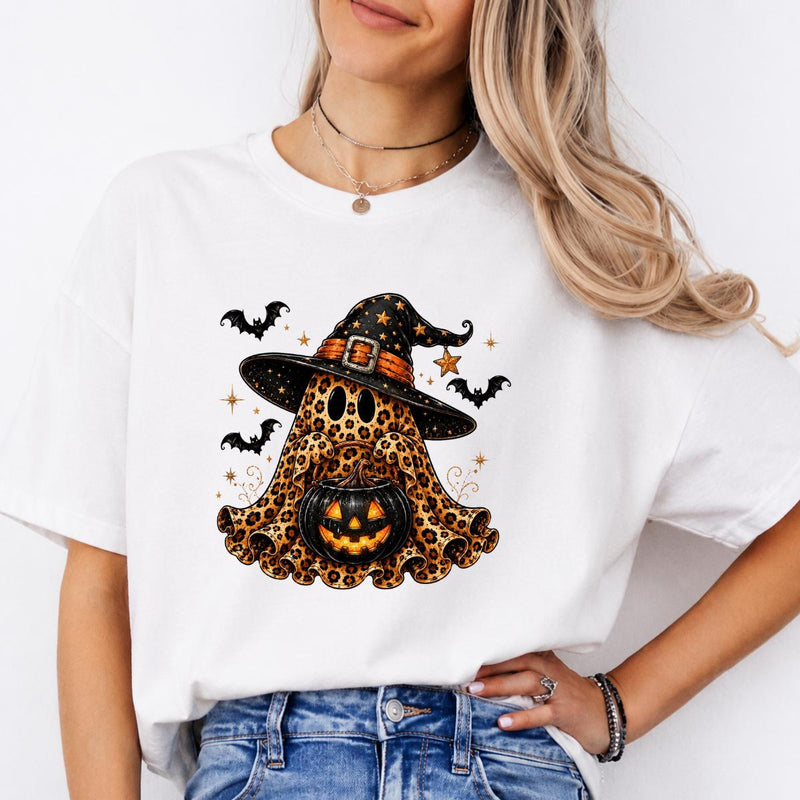 Leopard Ghost Witch Hat Sweatshirt and T-Shirt Halloween Spooky Season Women Cute Retro
