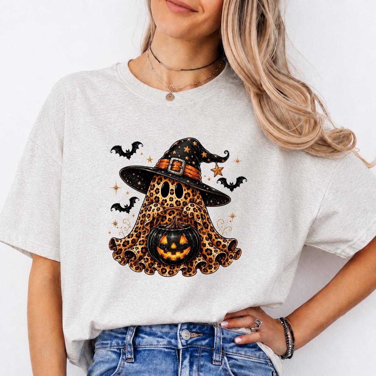 Leopard Ghost Witch Hat Sweatshirt and T-Shirt Halloween Spooky Season Women Cute Retro