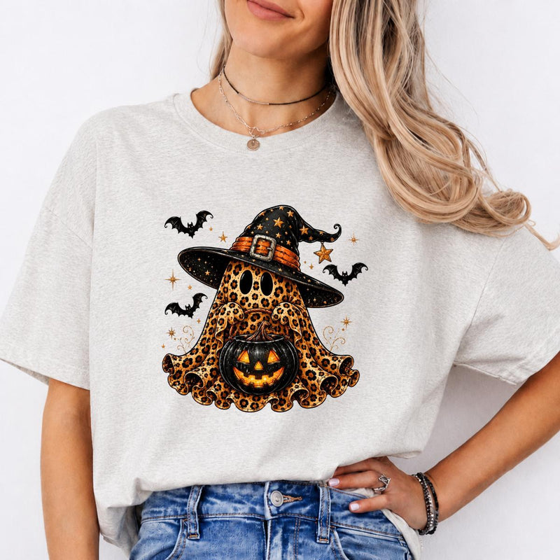 Leopard Ghost Witch Hat Sweatshirt and T-Shirt Halloween Spooky Season Women Cute Retro