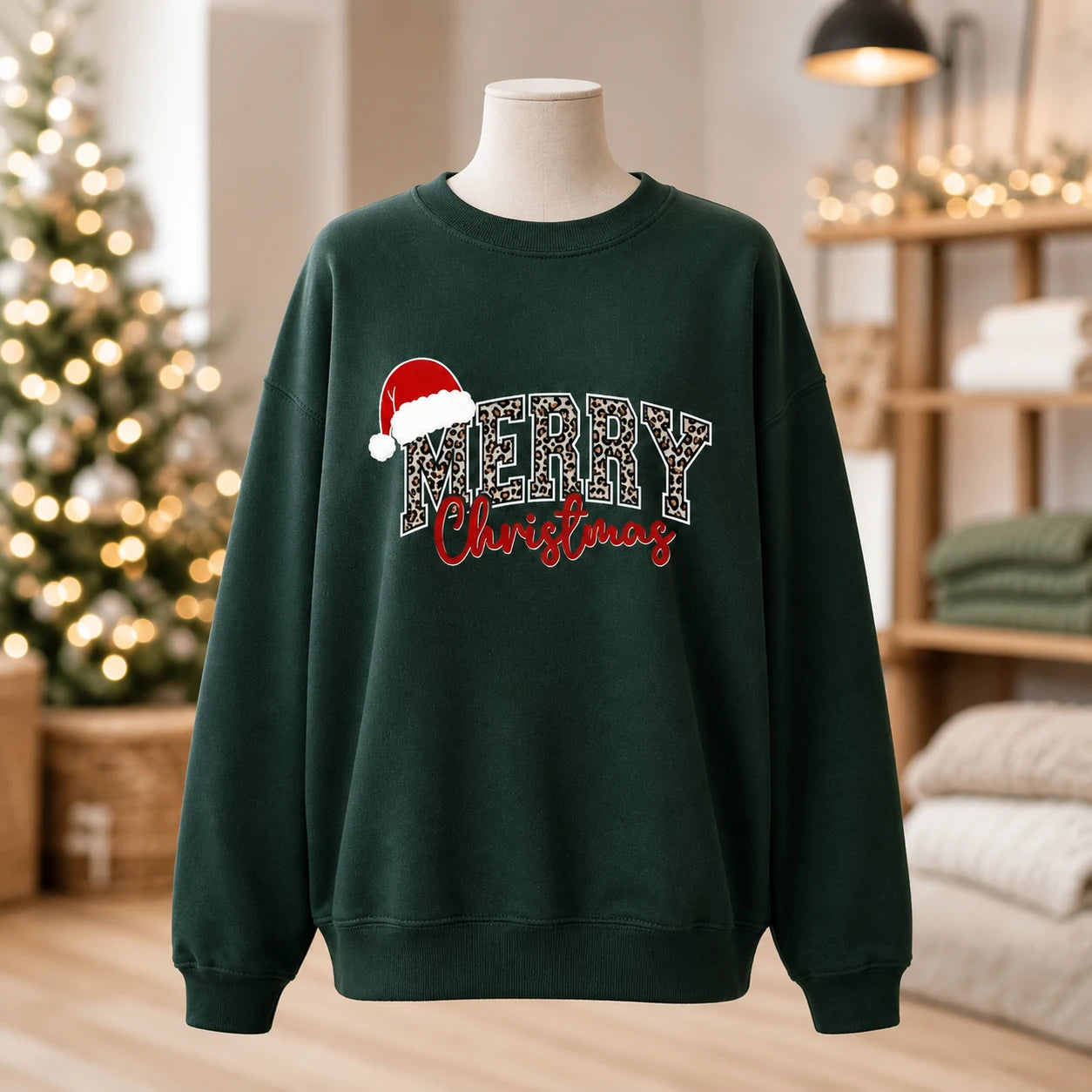 Leopard Merry Christmas Womens Holiday Sweatshirt Festive Leopard Print Christmas