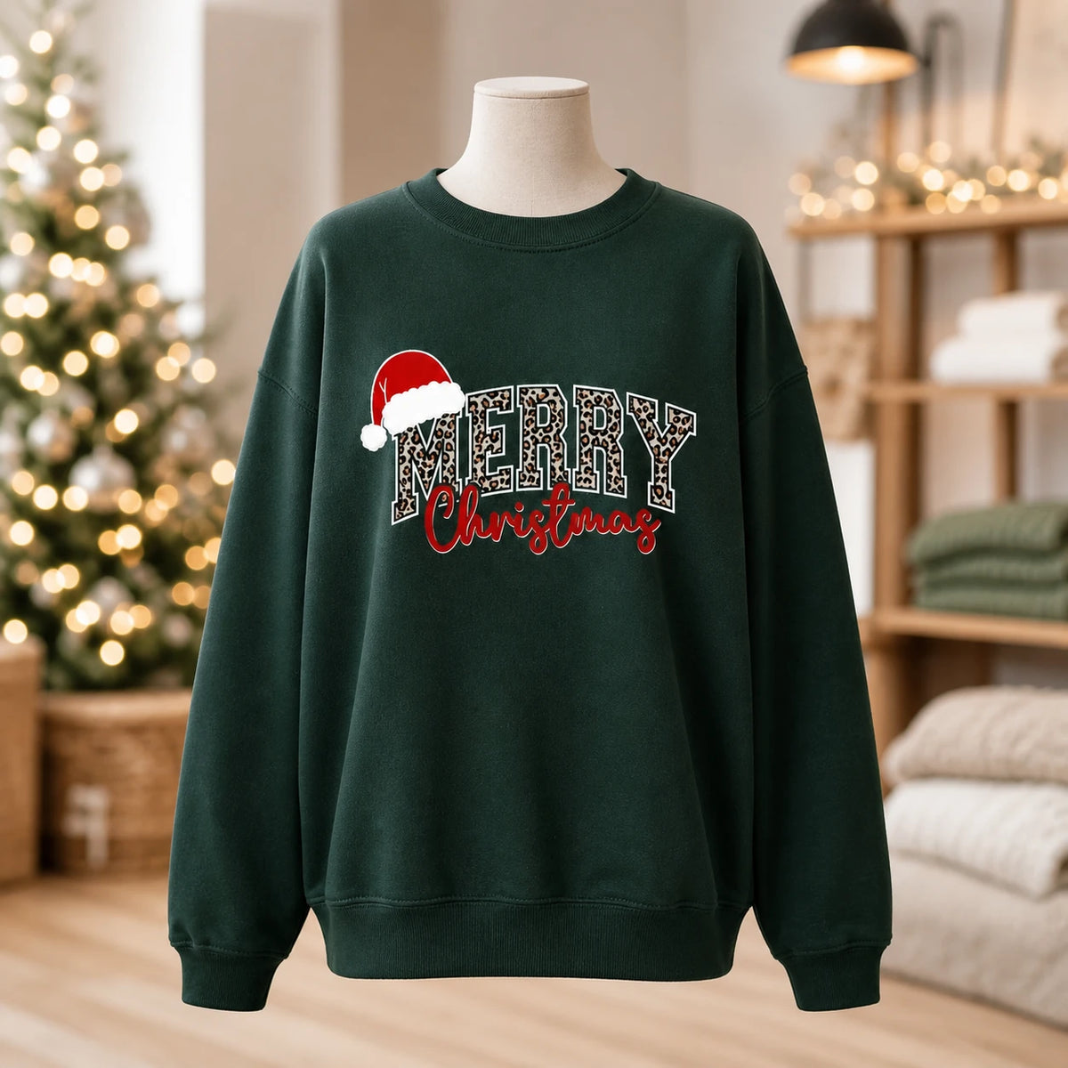 Leopard Merry Christmas Womens Holiday Sweatshirt Festive Leopard Print Christmas