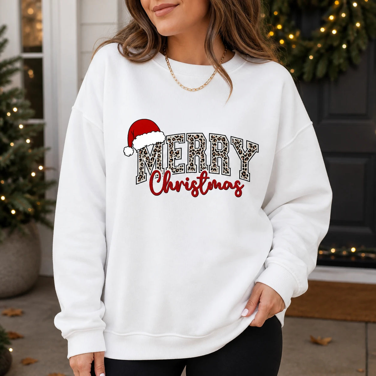 Leopard Merry Christmas Womens Holiday Sweatshirt Festive Leopard Print Christmas