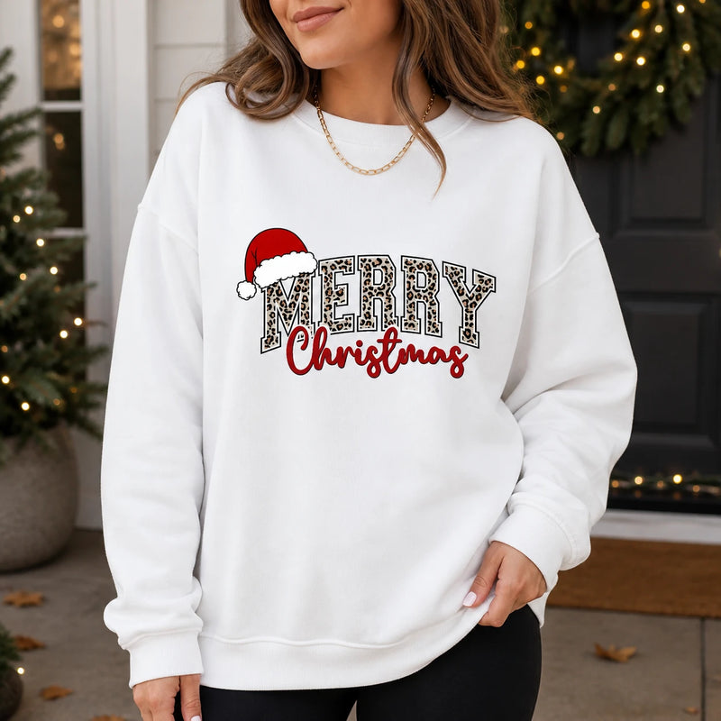 Leopard Merry Christmas Womens Holiday Sweatshirt Festive Leopard Print Christmas