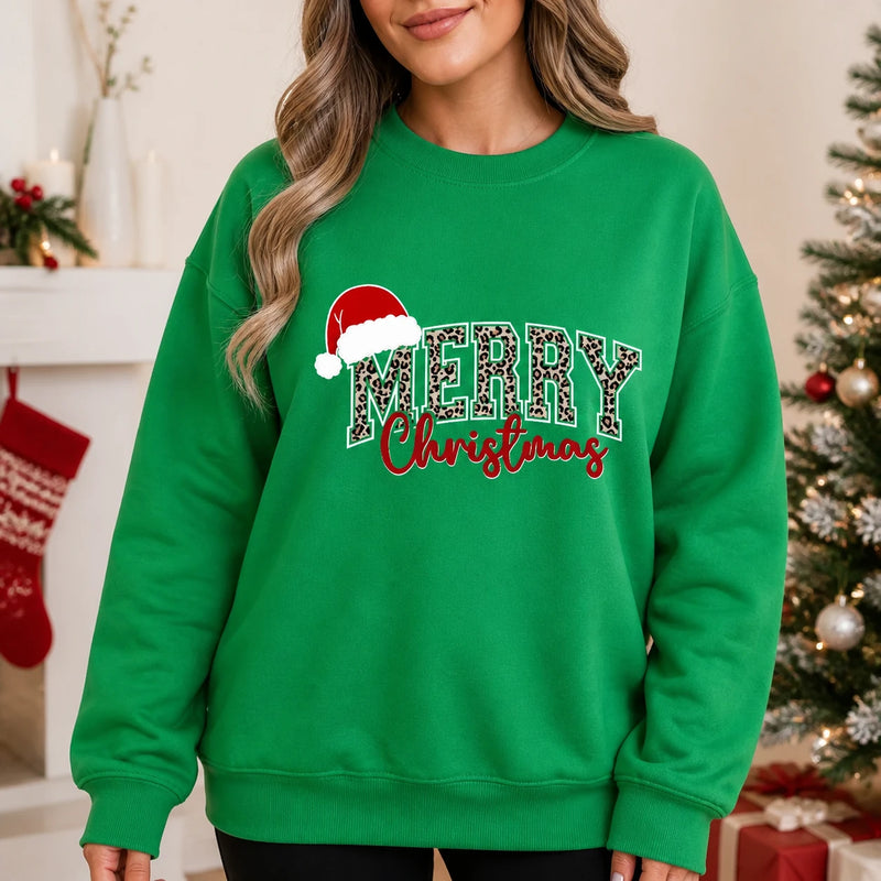 Leopard Merry Christmas Womens Holiday Sweatshirt Festive Leopard Print Christmas