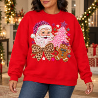 Leopard Print Christmas Sweatshirt, Pink Santa, Gingerbread, Tree and Coquette Bow