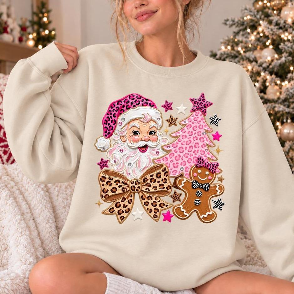 Leopard Print Christmas Sweatshirt, Pink Santa and Gingerbread Bow Design, Holiday Women, Cute Coquette Style