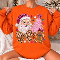 Leopard Print Christmas Sweatshirt, Pink Santa and Gingerbread Bow Design, Holiday Women, Cute Coquette Style
