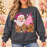 Leopard Print Christmas Sweatshirt, Pink Santa, Gingerbread, Tree and Coquette Bow