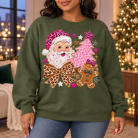 Leopard Print Christmas Sweatshirt, Pink Santa, Gingerbread, Tree and Coquette Bow