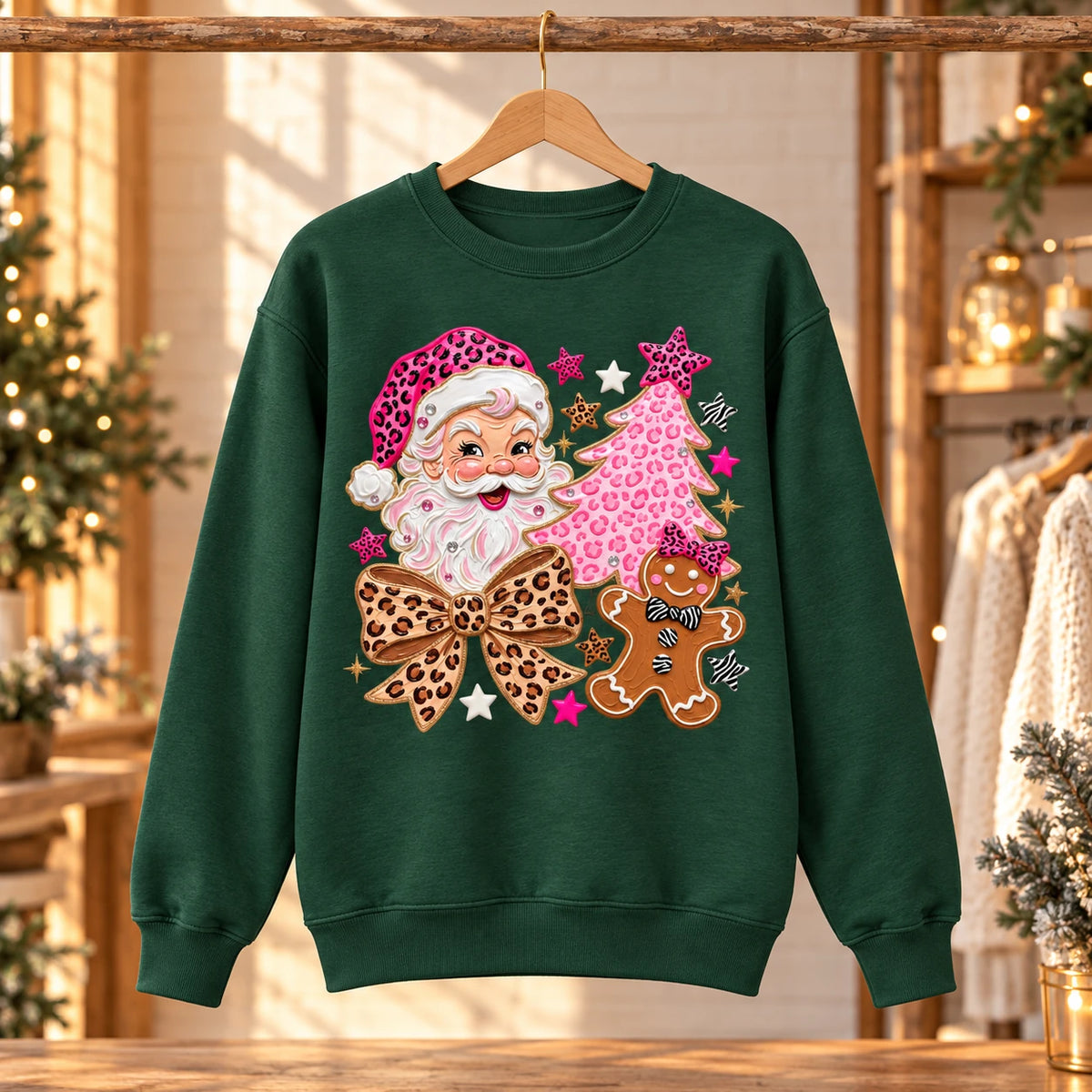 Leopard Print Christmas Sweatshirt, Pink Santa, Gingerbread, Tree and Coquette Bow