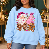 Leopard Print Christmas Sweatshirt, Pink Santa, Gingerbread, Tree and Coquette Bow