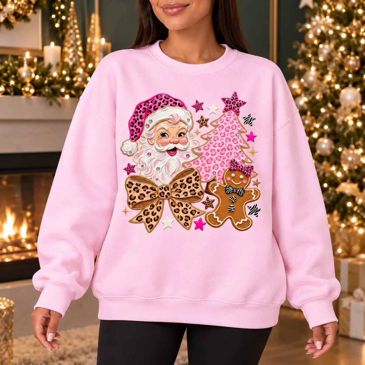 Leopard Print Christmas Sweatshirt, Pink Santa, Gingerbread, Tree and Coquette Bow