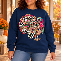Leopard Print Turkey Graphic Sweatshirt, Colorful Checkerboard Feathers, Retro Thanksgiving Fall Celebration Style