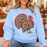Leopard Print Turkey Graphic Sweatshirt, Colorful Checkerboard Feathers, Retro Thanksgiving Fall Celebration Style