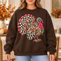 Leopard Print Turkey Graphic Sweatshirt, Colorful Checkerboard Feathers, Retro Thanksgiving Fall Celebration Style