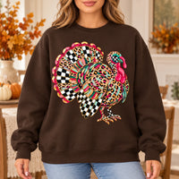 Leopard Print Turkey Graphic Sweatshirt, Colorful Checkerboard Feathers, Retro Thanksgiving Fall Celebration Style