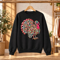 Leopard Print Turkey Graphic Sweatshirt, Colorful Checkerboard Feathers, Retro Thanksgiving Fall Celebration Style