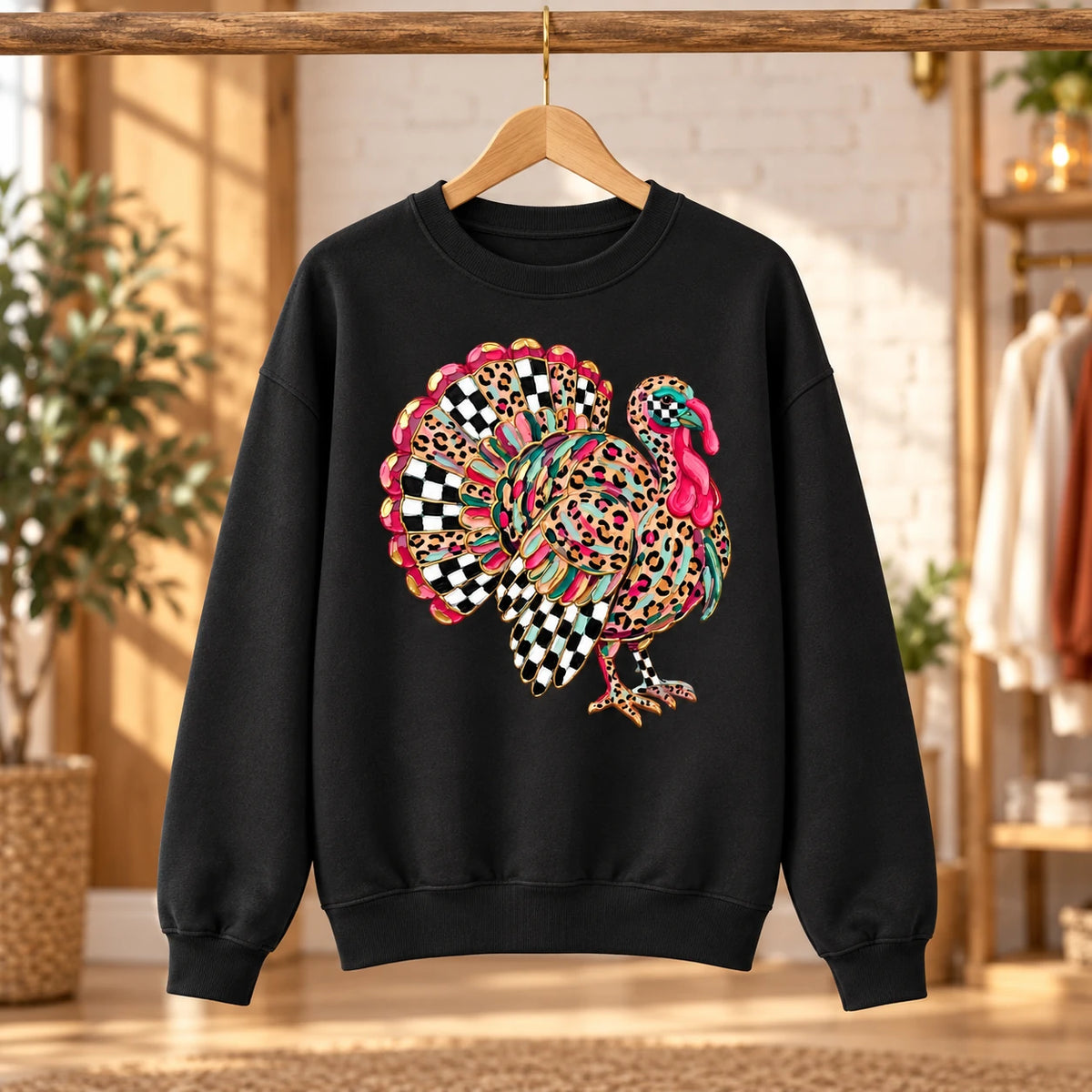 Leopard Print Turkey Graphic Sweatshirt, Colorful Checkerboard Feathers, Retro Thanksgiving Fall Celebration Style