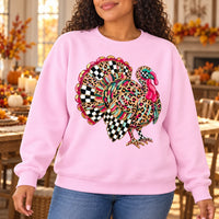 Leopard Print Turkey Graphic Sweatshirt, Colorful Checkerboard Feathers, Retro Thanksgiving Fall Celebration Style