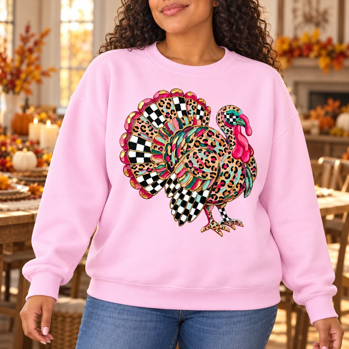 Leopard Print Turkey Graphic Sweatshirt, Colorful Checkerboard Feathers, Retro Thanksgiving Fall Celebration Style