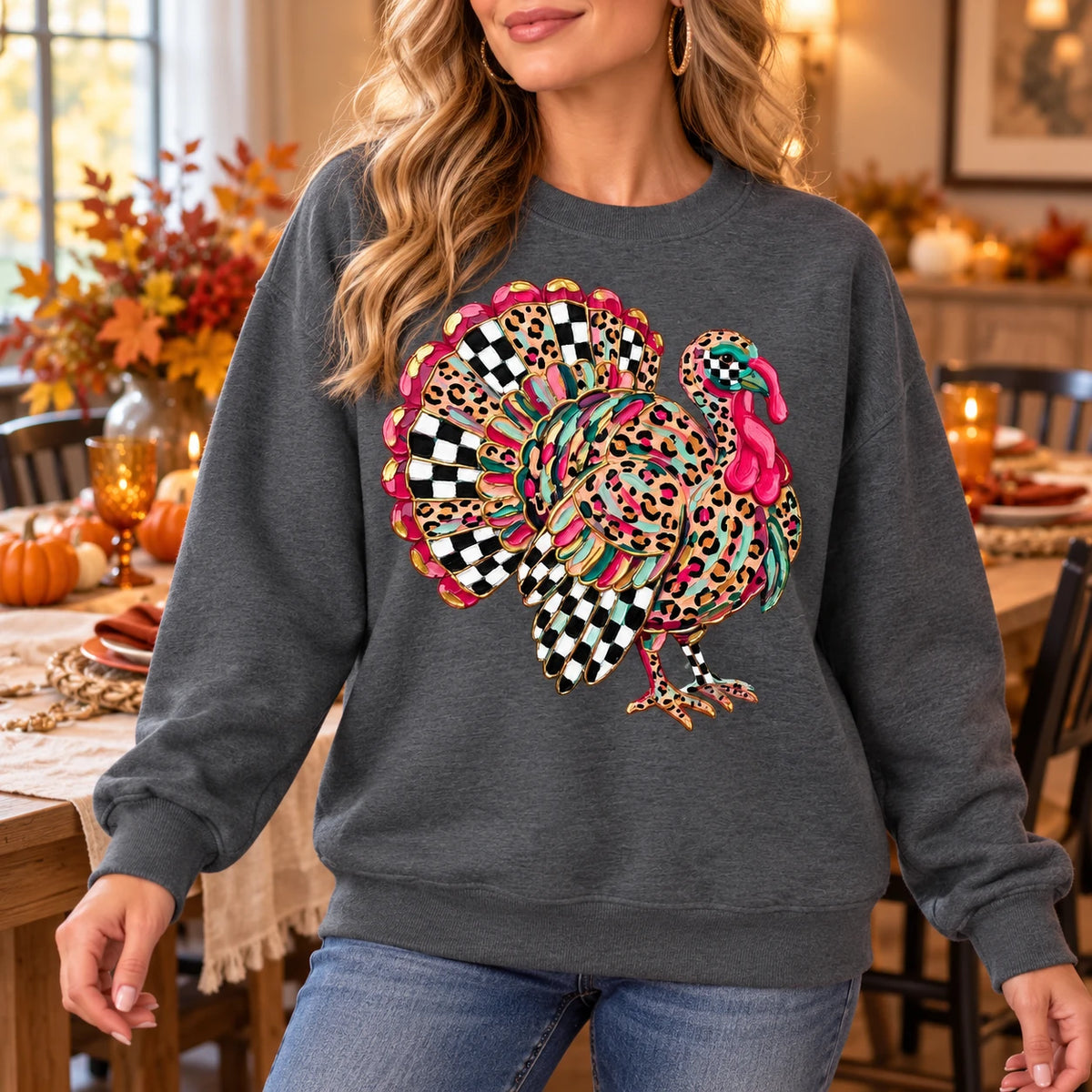 Leopard Print Turkey Graphic Sweatshirt, Colorful Checkerboard Feathers, Retro Thanksgiving Fall Celebration Style
