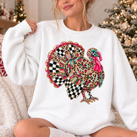 Leopard Turkey Graphic Colorful Checkered Turkey Sweatshirt Fall Thanksgiving Women Retro Design