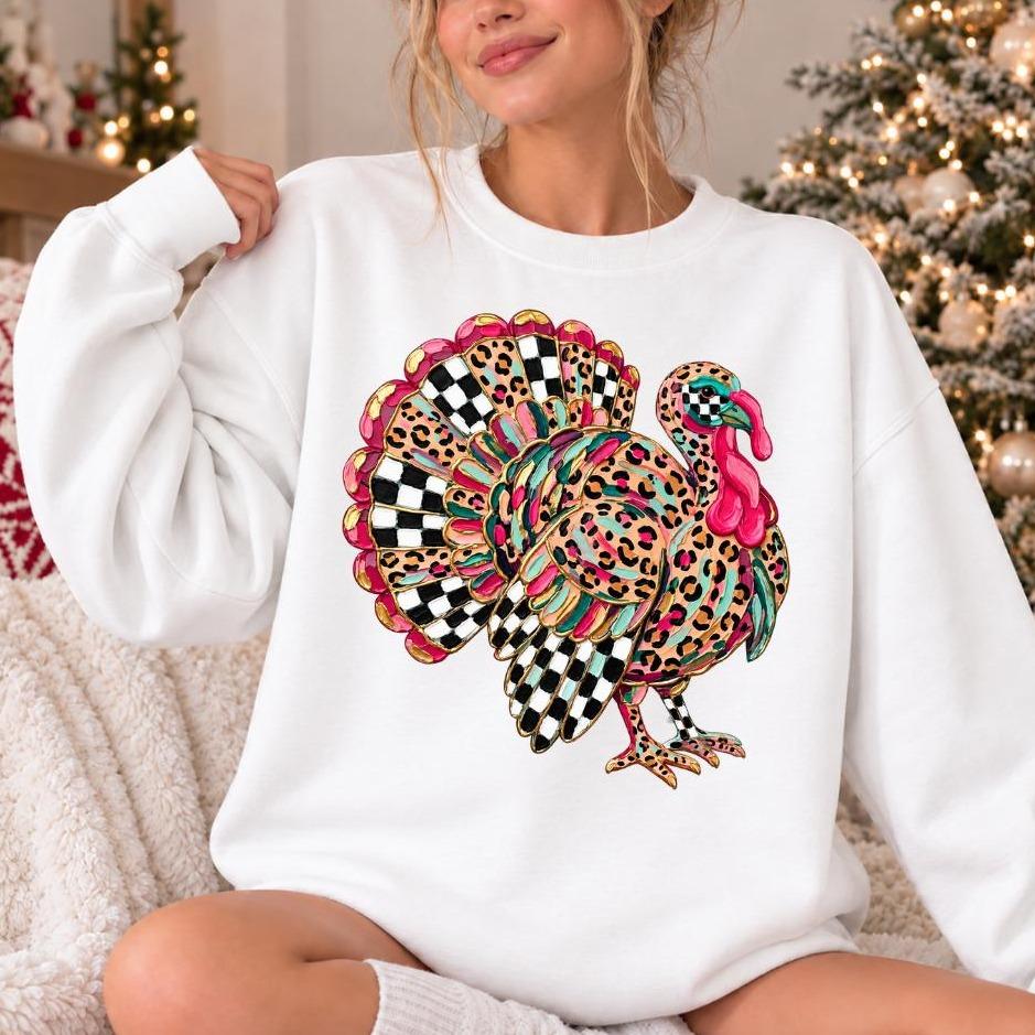 Leopard Turkey Graphic Colorful Checkered Turkey Sweatshirt Fall Thanksgiving Women Retro Design