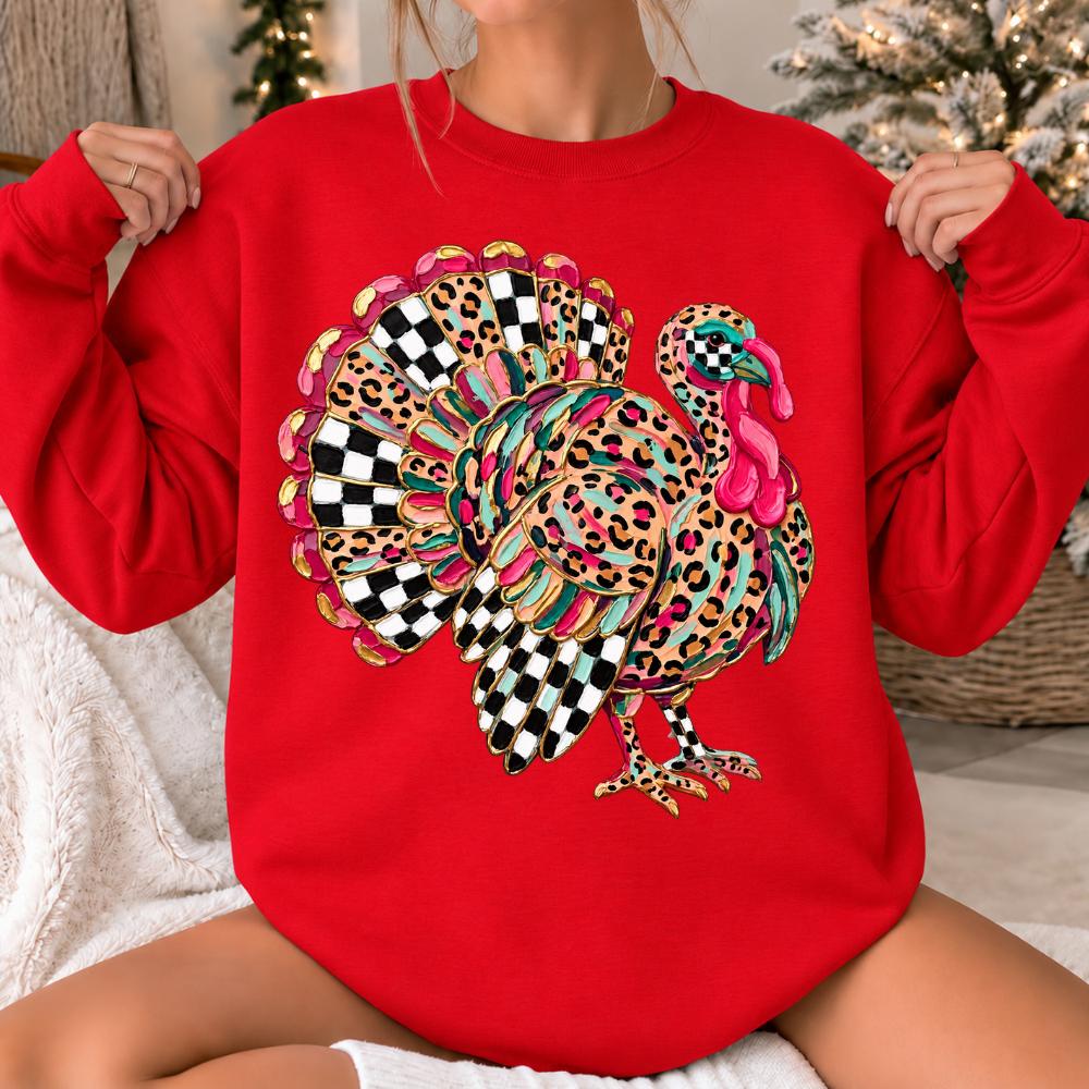 Leopard Turkey Graphic Colorful Checkered Turkey Sweatshirt Fall Thanksgiving Women Retro Design