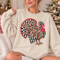 Leopard Turkey Graphic Colorful Checkered Turkey Sweatshirt Fall Thanksgiving Women Retro Design