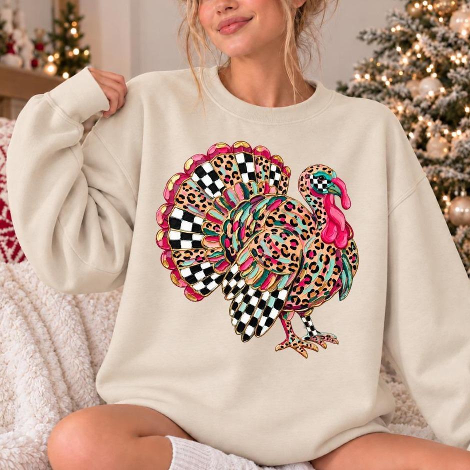 Leopard Turkey Graphic Colorful Checkered Turkey Sweatshirt Fall Thanksgiving Women Retro Design