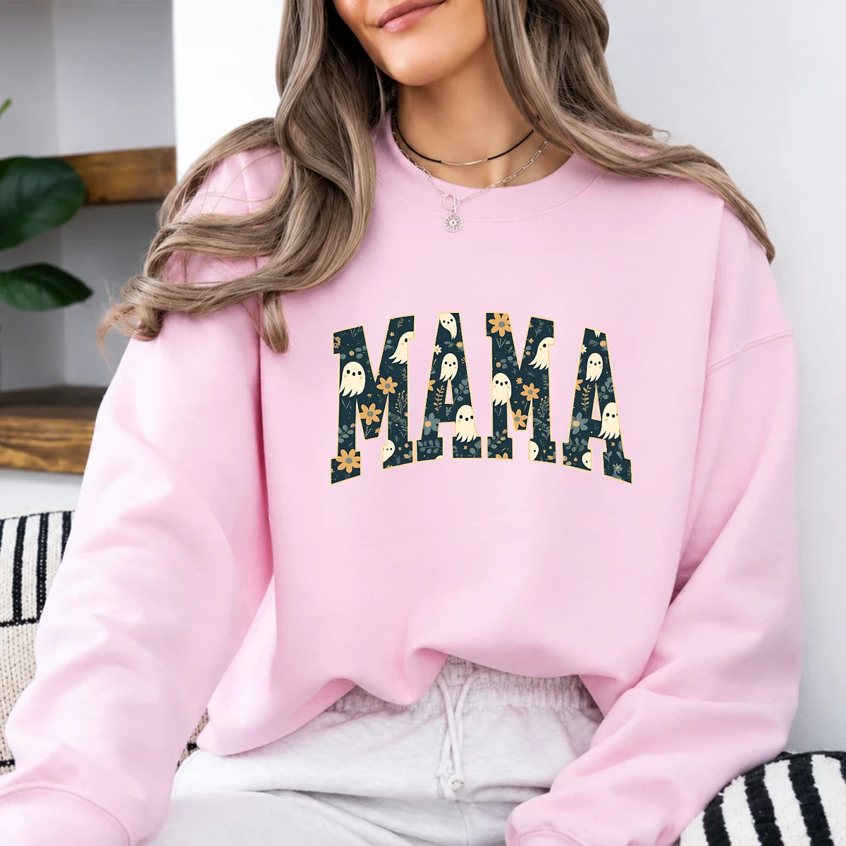 Mama Halloween Sweatshirt Boo Floral MAMA Halloween Mom Women Cute Ghost Floral
