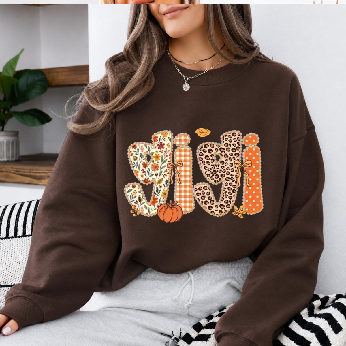 Mama Mimi Fall Sweatshirt, Leopard Floral Gingham Pumpkin Mom Crewneck, Dark Chocolate Autumn Shirt, Thanksgiving Gift for Mom Grandma Women, Cozy Pumpkin Season Pullover, Cute Fall Top