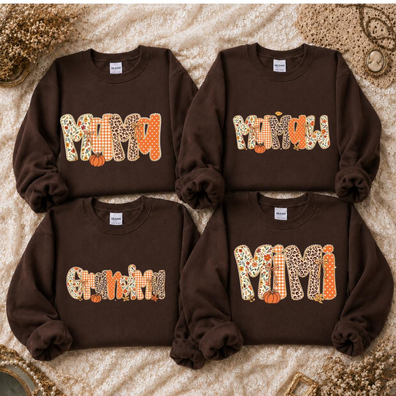 Mama Mimi Fall Sweatshirt, Leopard Floral Gingham Pumpkin Mom Crewneck, Dark Chocolate Autumn Shirt, Thanksgiving Gift for Mom Grandma Women, Cozy Pumpkin Season Pullover, Cute Fall Top