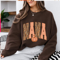 Mama Mimi Gigi Nana Fall Sweatshirt, Camo Gingham Pumpkin Grandma Crewneck, Dark Chocolate Autumn Shirt, Matching Family Gift, Thanksgiving Pullover for Mom Grandma Women, Cozy Fall Top