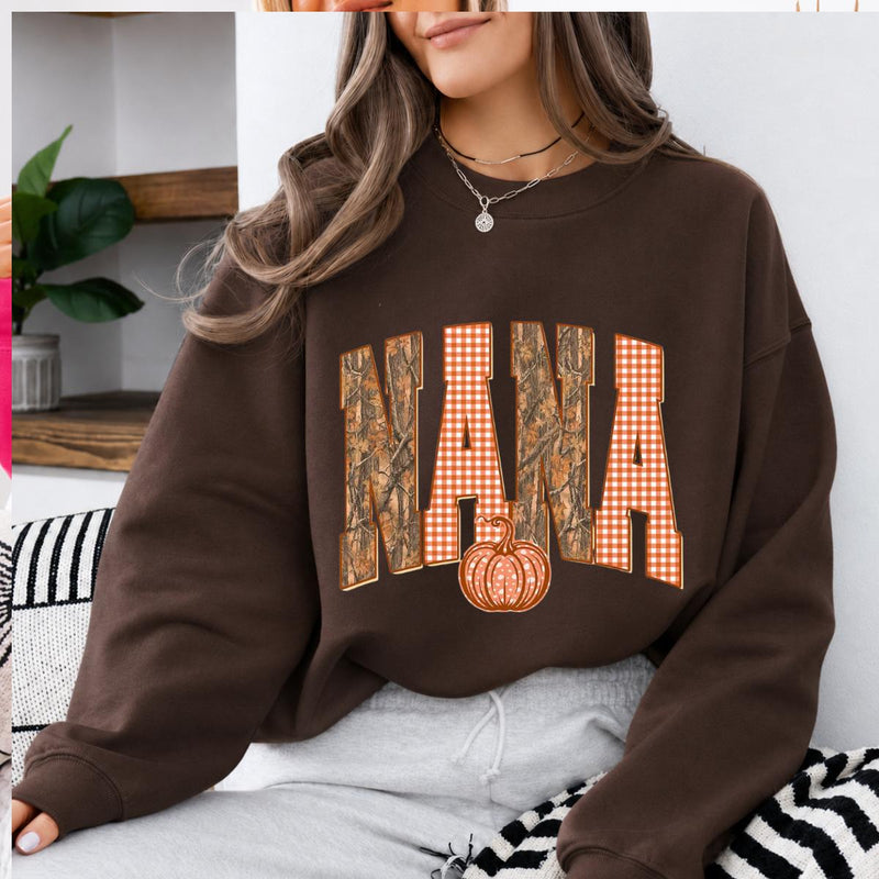Mama Mimi Gigi Nana Fall Sweatshirt, Camo Gingham Pumpkin Grandma Crewneck, Dark Chocolate Autumn Shirt, Matching Family Gift, Thanksgiving Pullover for Mom Grandma Women, Cozy Fall Top