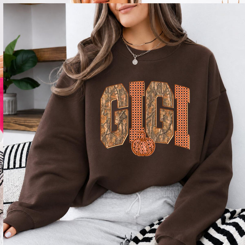 Mama Mimi Gigi Nana Fall Sweatshirt, Camo Gingham Pumpkin Grandma Crewneck, Dark Chocolate Autumn Shirt, Matching Family Gift, Thanksgiving Pullover for Mom Grandma Women, Cozy Fall Top